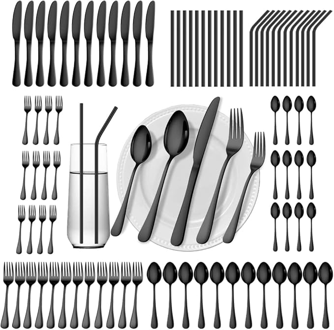 84 Pieces Black Silverware Set Service for 12 Flatware Set with Straws Stainless Steel Utensils Cutlery Set Dishwasher Safe by Gutuwellea