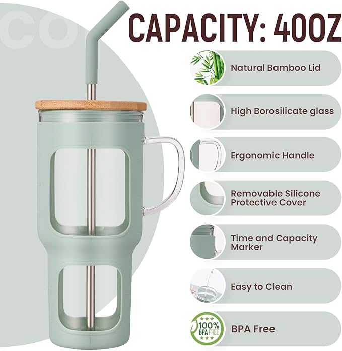 COMOOO 40oz Glass Tumbler with Bamboo Lid and Straw, Olive