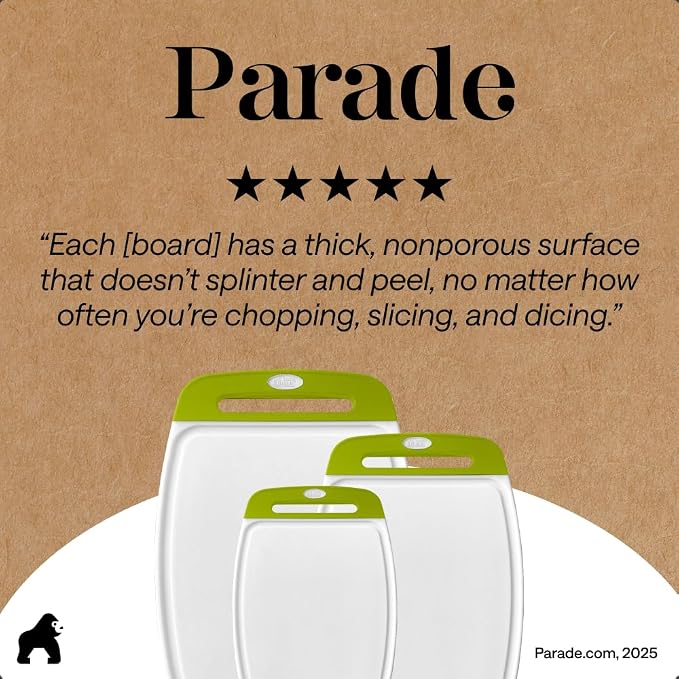 GORILLA GRIP BPA-Free Reversible Kitchen Cutting Board Set of 3, US Designed, Nonporous, Juice Grooves Catch Liquid, Slip Resistant Border, Dishwasher Safe, Durable Food Chopping Boards, Lime Green - Image 9