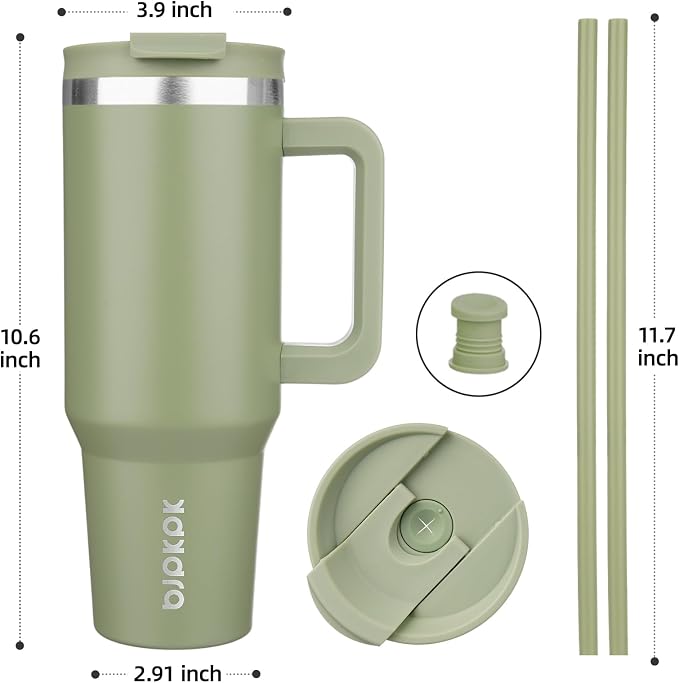 BJPKPK 40 oz Insulated Tumbler with Handle & Straw, Stainless Steel | Double Wall Vacuum Insulation, Leak Proof, BPA Free, Dishwasher Safe, Cupholder Friendly, Travel & Outdoor, Sage - Image 3