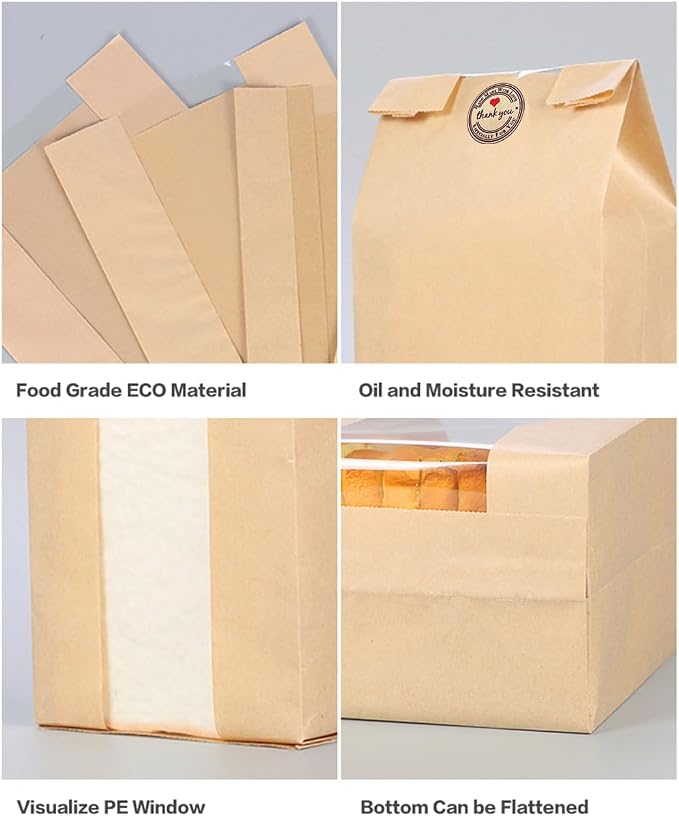 GRANDAN 25 Packs Large Paper Bread Bags for Homemade Bread, Kraft Paper Bakery Bags with Window for Sourdough Toast Packing Storage, Baked Loaf Gifting Bag Bonus Label Seal Stickers 12.6x8.3x4.0 inch - Image 5
