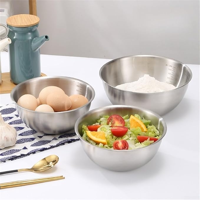 3 Pcs Stainless Steel Mixing Bowls Set with Scale for Cooking and Baking, Stackable and Dishwasher Safe, Featuring Clear Measurement Lines