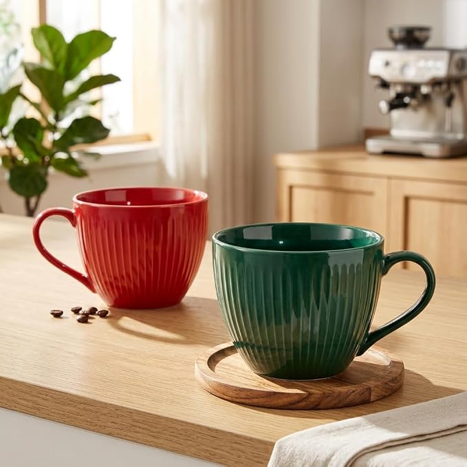 24 oz Large Ceramic Coffee Mug Set of 2, Red & Green Ribbed | Jumbo Mugs with Handle, Giant Soup Cups for Hot Chocolate, Latte, Oatmeal - Ideal Gift for Dad & Grandpa, Large Soup Bowl - Image 5