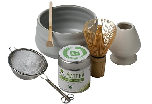 Matcha Kari Dr. Weil Complete Tea Set - White - Japanese Ceremonial Organic Matcha with Whisk and Holder, Ceramic Bowl, Sifter, and Scoop