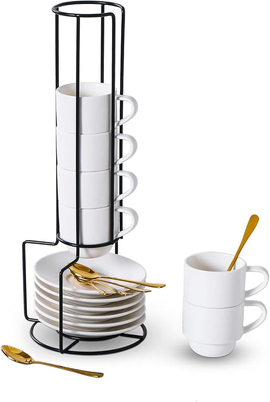 Lareina Porcelain Stackable Espresso Cups with Saucers, Spoons and Metal Stand, 3 Ounce Small Coffee Cups Set of 6 - Ceramic Demitasse Mugs, White by Lareina