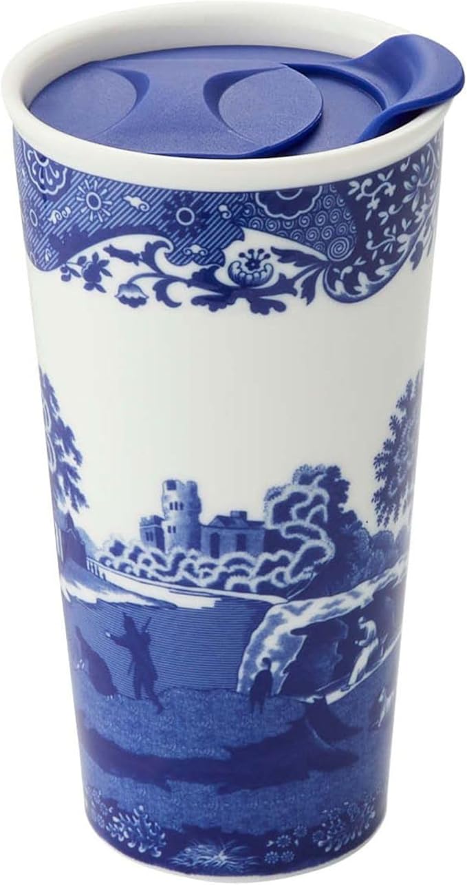 Spode Blue Italian Travel Mug | 12-Ounce Capacity | Made of Porcelain | Travel Tumbler for Coffee and Tea | Hot Water Cup | Dishwasher and Microwave Safe by Spode