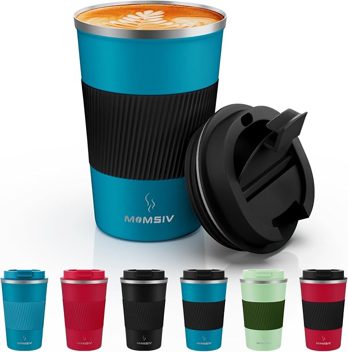 MOMSIV 12oz Travel Mug, Insulated Coffee Cup with Leakproof Lid, Vacuum Stainless Steel Double Walled Reusable Tumbler for Hot and Cold Water Coffee and Tea In Travel and Car | 6-Hour Heat Retention, 360°Leak proof, Vacuum Stainless Steel Double Walled... by MOMSIV
