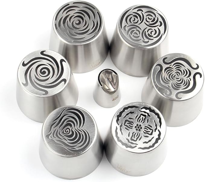 6 Pieces Stainless Steel Extra Large Russian Tulip Icing Tips Kit, Cupcake Dessert Marshmallow Piping Nozzles Set,1 Cleaning Brush,1 Medium Ruffle Icing Tip for Cake Decorations,Pastry Baking Tools