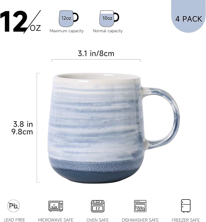 Coffee Mugs, Set of 4 Ceramic Mugs with Blue and White Gradient Stripes, 12oz Modern Cups with Comfortable Handle - Dishwasher & Microwave Safe, Design for Home, Office, Daily Use - Image 3