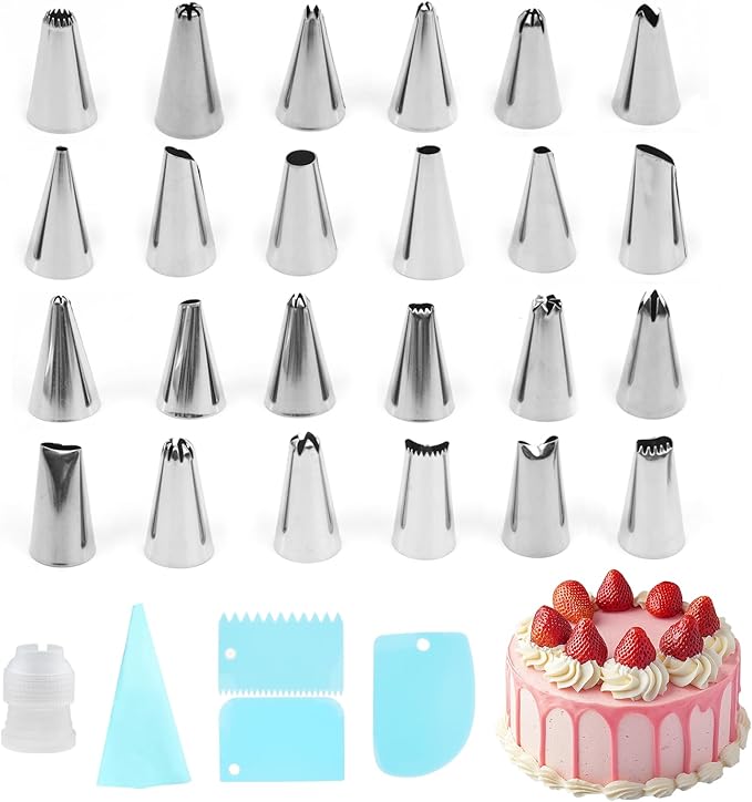 29 Pcs Frosting Piping Kit with 24 Cake Piping Tips, EVA Pastry Bag, 3 Scrapers and 1 Coupler, Cupcake Decorating Tips and Decorating Tips for Frosting, Suitable for Baking and Pastry Lovers