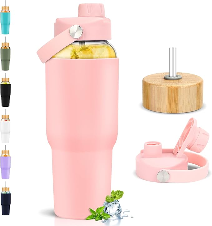PROBTTL Glass Water Bottles, 1 Liter Glass Tumbler, Borosilicate Water Bottle with Straw, Silicone Sleeve, 2 Lids - Handle Spout & Bamboo Straw Lid, Fits Car Cup Holder (Pink, 40 Ounces)