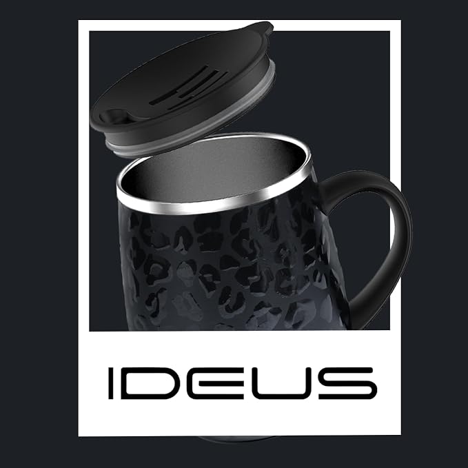 Ideus 16 oz (470 ml) Insulated Coffee Mug with Handle and Lid, Double Wall Stainless Steel Vacuum Thermal Coffee Mug, Travel Coffee Cup Thermal Cup for Home and Office, Leopard Black - Image 9