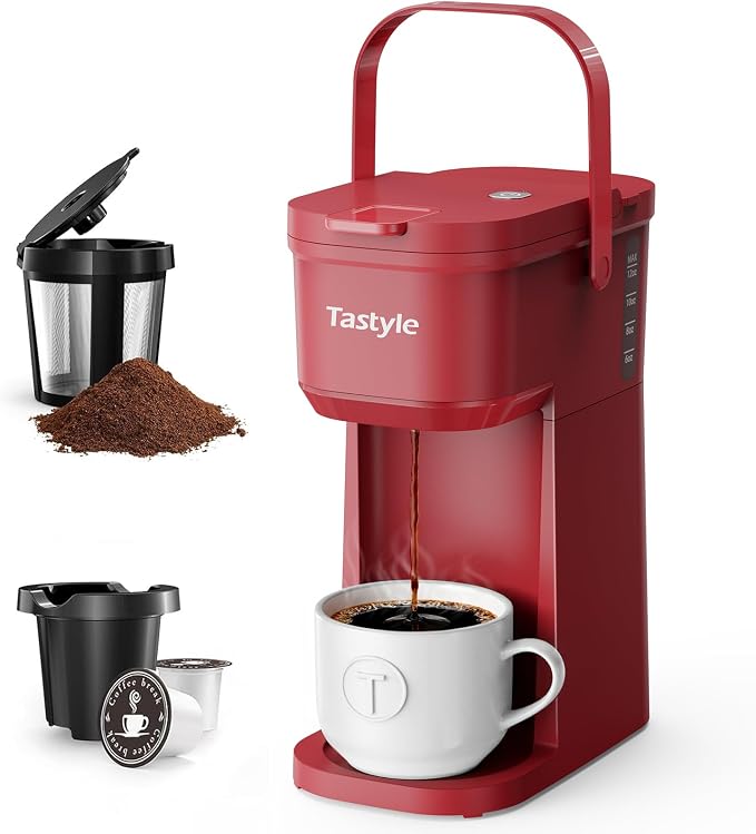 Tastyle Mini Single Serve Coffee Maker for K Cups and Grounds with Handle | for Travel, Camping, Office, RV and Dorm, Portable Handle, 120V, 6 to 12 Oz Brew Size, BPA Free, K302, Vintage Red by Tastyle
