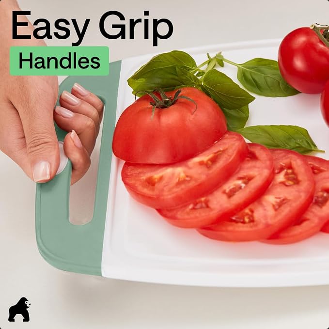 GORILLA GRIP BPA-Free Reversible Kitchen Cutting Board Set of 3, US Designed, Nonporous, Juice Grooves Catch Liquid, Slip Resistant Border, Dishwasher Safe Large Food Chopping Boards, Gray Mint Pink - Image 8