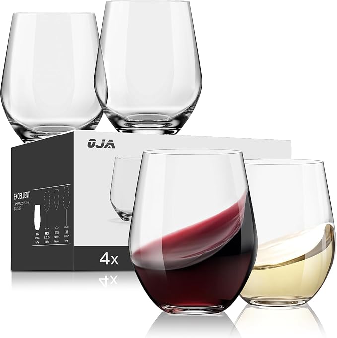 OJA Wine Glasses Set, Crystal Stemless Red Wine Glass, Set of 4, 15 oz | No Stem, Clear, Sturdy Drinking Glass for White Wine, Daily Use, Birthday, Wedding, Home Party, Anniversary, Shower Gift by oja