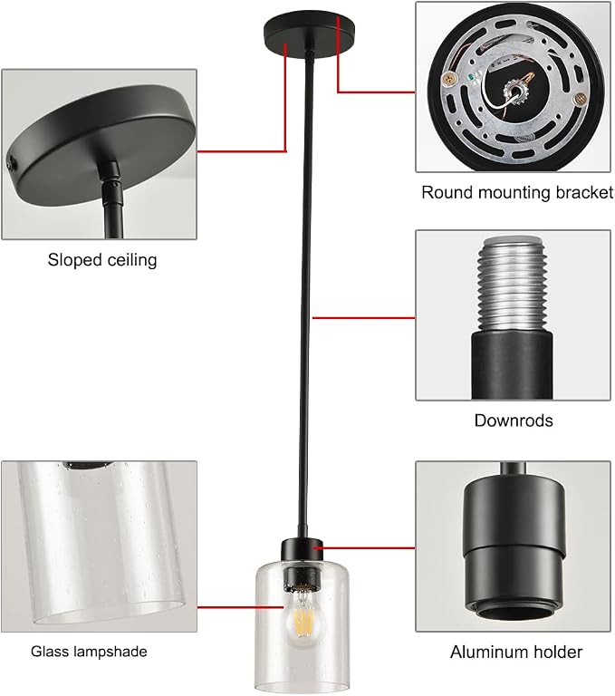 Black Pendant Lights Kitchen Island - Seeded Glass Pendant Light Fixture Multiple Stems Rods 3 Units 12 Inch 3 Units 4 Inch (2 Pack Black Seeded Downrod) - Image 8