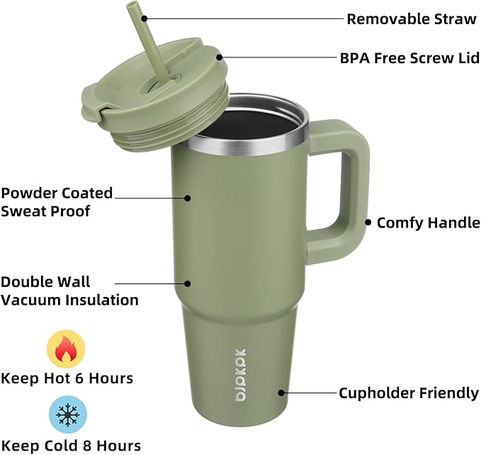 BJPKPK 30 oz Insulated Tumbler with Handle & Straw, Stainless Steel | Double Wall Vacuum Insulation, Leak Proof, BPA Free, Dishwasher Safe, Cupholder Friendly, Travel & Outdoor, Sage - Image 2
