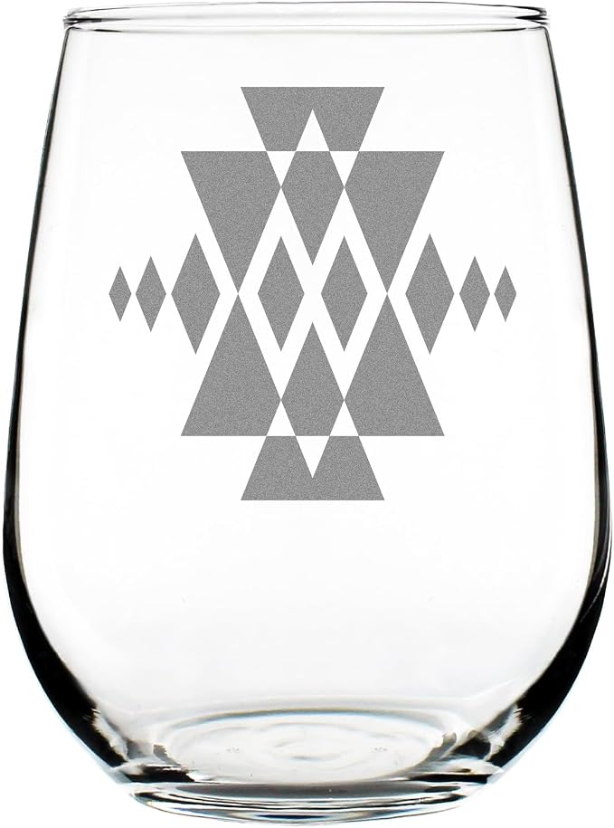 Tribal Geometric Engraved Stemless Wine Glass, Unique Southwest Etched Glassware, Boho Home Decor, 17oz by Make+Your+Mark+Design