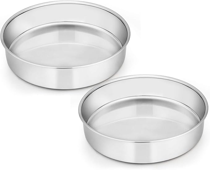 E-far 9½ Inch Cake Pan Set of 2, Stainless Steel Round Cake Baking Pans, Non-Toxic & Healthy, Mirror Finish & Dishwasher Safe by E-far