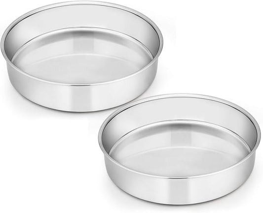 E-far 9½ Inch Cake Pan Set of 2, Stainless Steel Round Cake Baking Pans, Non-Toxic & Healthy, Mirror Finish & Dishwasher Safe by E-far