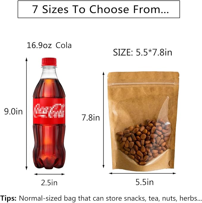 50pcs Kraft Bags With Window Clear Fornt Pouches Resealable Stand Up Zip Lock Food Storage Bags Brown 5.5"x7.8" - Image 5