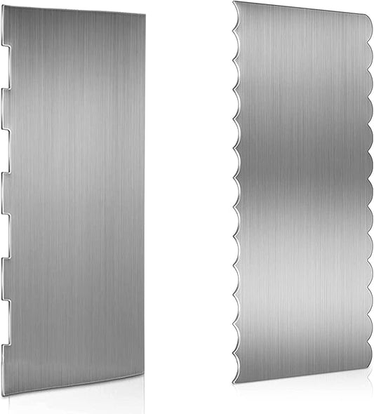 2 Pieces Stainless Steel Cake Scraper, 9 Inch Large Cake Smoother Scraper Contour Double Sided Patterned Edge Stripe Tool Pastry Cutter in 6 Patterns for Different Shapes of Comb Cake Edges Decoration