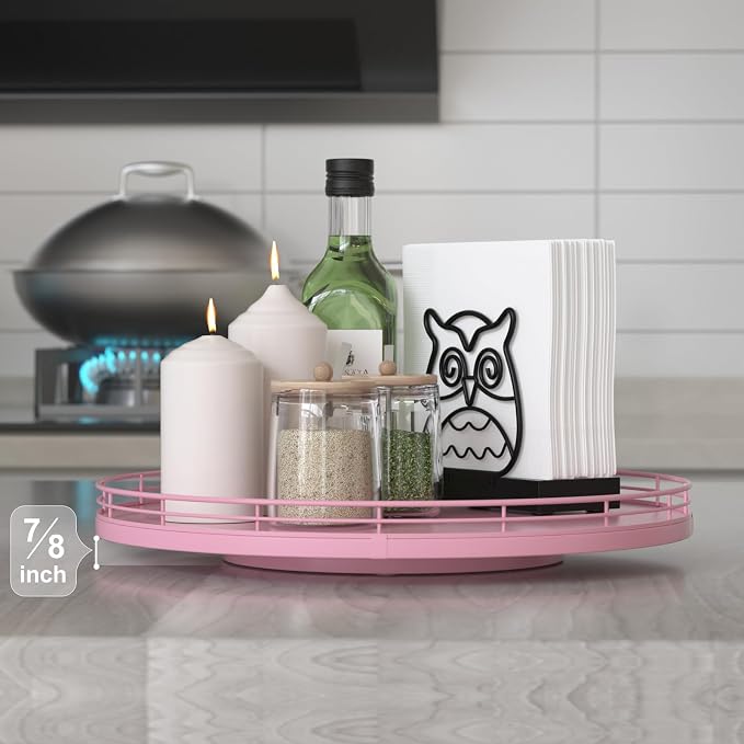 13" Oak Wood Lazy Susan Organizer, Lazy Susan for Cabinet Dining Table Pantry Wood Turntable Organizer Tray for Coffee Table Kitchen Countertop Spinning Spice Can Organization and Storage Round Pink - Image 2