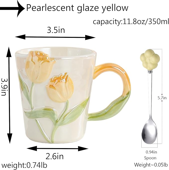 Tulip Flower Ceramic Mug 11.8Oz, Handmade Cute Coffee Tea Cup for Women, Unique Gift for Flower Lovers Mom Friend, Christmas Birthday Surprise, Yellow - Image 2