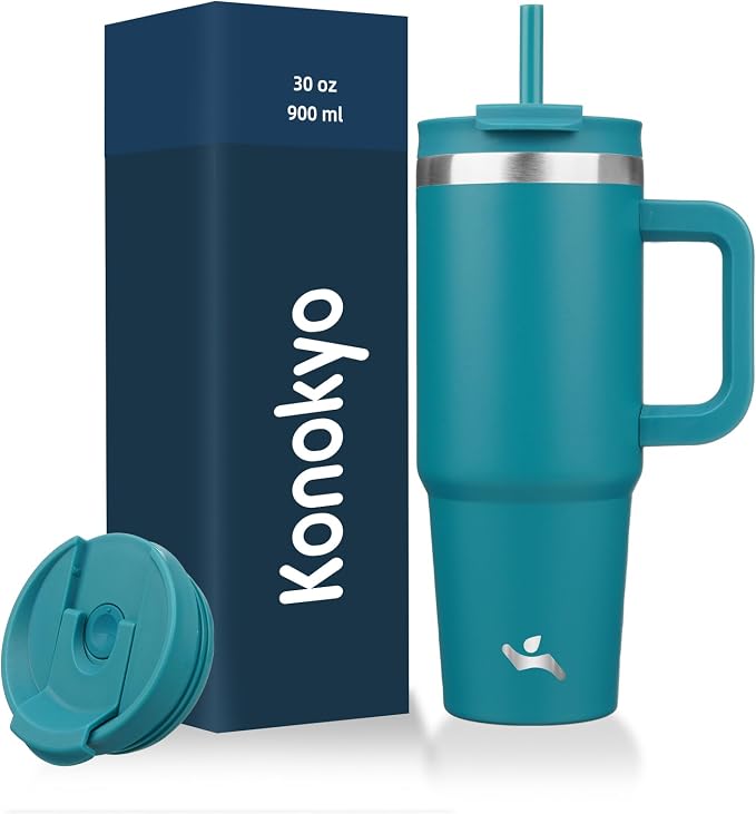 Konokyo 30 oz Insulated Tumbler Water Bottle with Handle, Straw Lid | BPA-free and dishwasher safe; made for gym, travel, coffee and gifting, 2 straws, cup holder friendly,Blue by Konokyo
