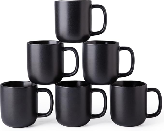 AmorArc 14oz Coffee Mugs Set of 6, Ceramic Coffee Mugs with Large Handle & Wavy Rim for Latte/Hot Cocoa/Tea, Stylish Coffee Mugs for Men Women. Oven,Dishwasher&Microwave Safe, Matte Black by AmorArc