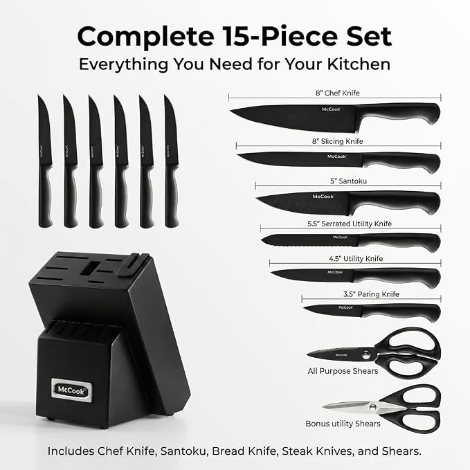 McCook Knife Set Black Kitchen Knife Block Set w Built-in Sharpener | German Forged Stainless Steel,15 PC,Razor Sharp, Anti-Rust,Ergonomic Handle,Full Tang,Dishwasher Safe,Gift Box - Image 2