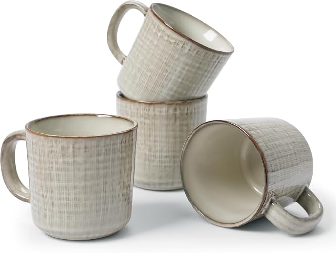 famiware Moonlight Coffee Mug Set of 4, 14oz Mug Set with Linen Finish, Coffee Cup Set with Handle for Latte, Cappuccino, Tea, Hot Cocoa, Microwave and Dishwasher Safe, Summer Sand by Famiware