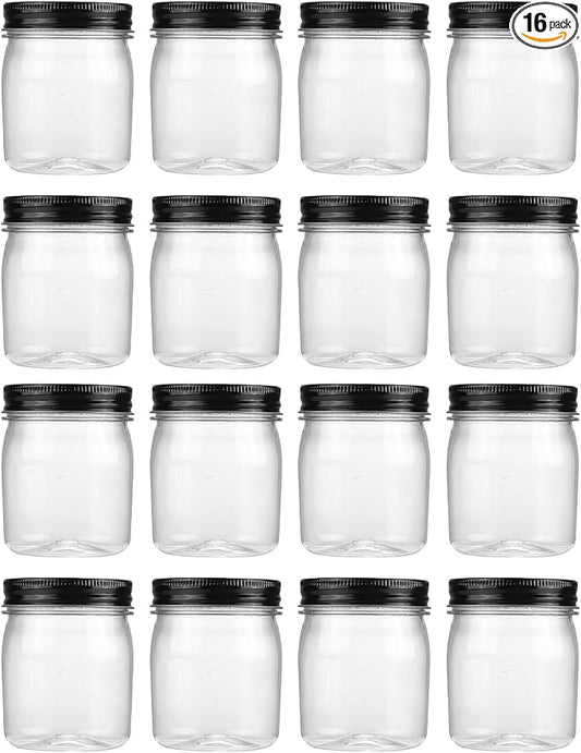 novelinks 8 oz Plastic Mason Jars and Clear Plastic Jars with Lids 8 oz | 16 Pack, Black, Plastic Containers with Lids, Small Mason Jars, Clear Jars Bulk, Spice Jars, Slime Jars, Mini Jars by novelinks