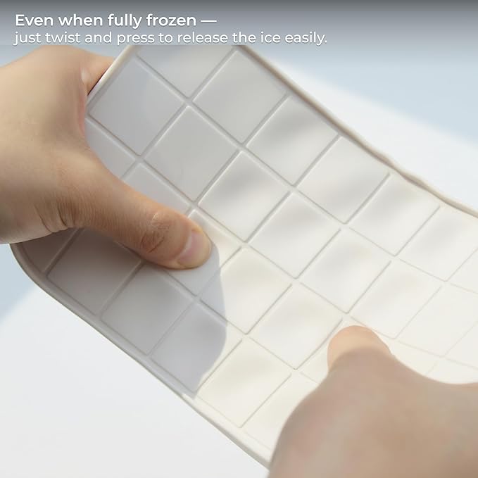 Ice Cube Tray Set with Lid & Bin, 2 Silicone Trays (32-Cube Each, 64 Total), Easy-Release, Stackable, Leak-Proof, Dishwasher Safe, Sand Beige