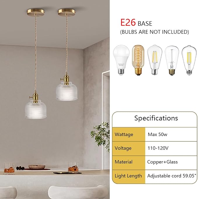 Sedelan Antique Glass Pendant Light, Vintage Pendant Light, Kitchen Island Pendant Lights,Retro Glass Hanging Lamp for Study Room Living Room Bedroom,Copper E26, Switch Knob (Bulb Not Included) - Image 7