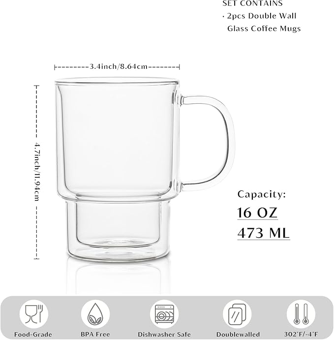 INSETLAN 16oz Double Wall Glass Coffee Mugs Set of 2, Insulated Borosilicate Cups with Handles, Clear Heat Resistant Glasses Mugs for Hot Beverages, Cappuccino, Espresso, Latte, Tea