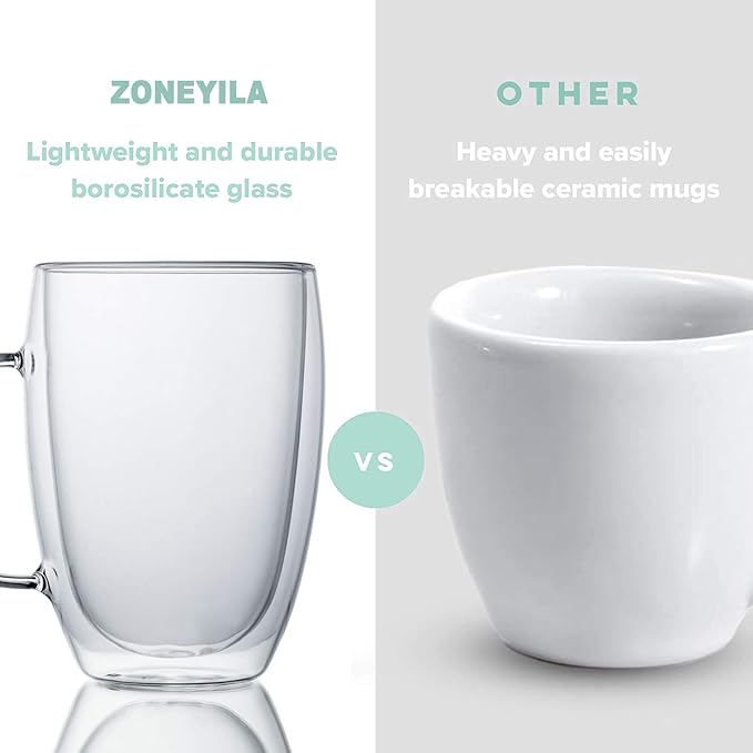 ZONEYILA Double Walled Glass Coffee Mugs 8oz, Insulated Borosilicate Glass Coffee Cups Set of 4, Clear Glasses Mug with Handle for Espresso, Cappuccino, Tea, Hot Beverages