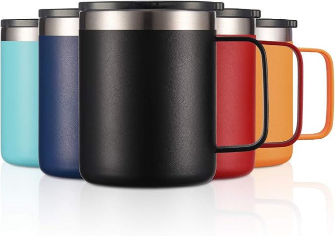 12 oz Insulated Travel Coffee Mug with Handle, Black | Stainless Steel Coffee Tumbler with Lid, Double Wall Vacuum Thermal Cup for Camping - Image 2
