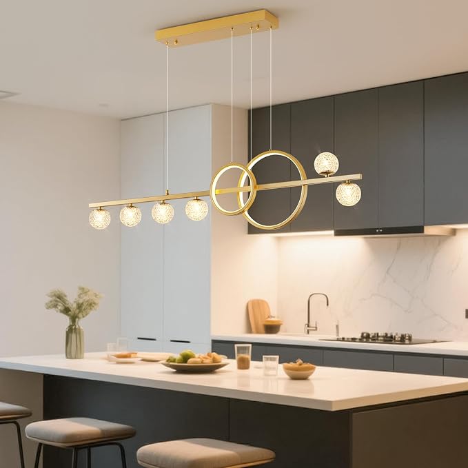 ORANOOR Modern Gold Chandeliers Pendant Light, 47in Dimmable LED Chandelier | Linear Gold Pendant Light for Kitchen Island Dining Room, 6 Globe Hanging Pendant Chandelier Lighting Fixture, 2 Rings 4200lm - Image 8