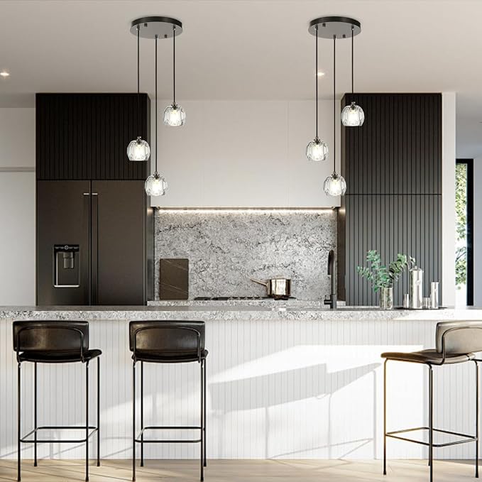 3 Lights Pendant Lighting, Brushed Black Cluster Pendant Light Kitchen Island, Cut Crystal Pendant Light Fixture Hanging Lights for Dining Room Foyer Bathroom - Image 4