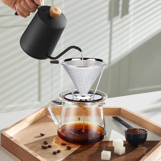 Pour Over Coffee Dripper, Stainless Steel Metal Cone Coffee Filter Single Cup Coffe-e Maker with Non-slip Cups Stand, Reusable Paperless Dripper for Medium Grind Coffe-e, Optimize Extraction(Silver)
