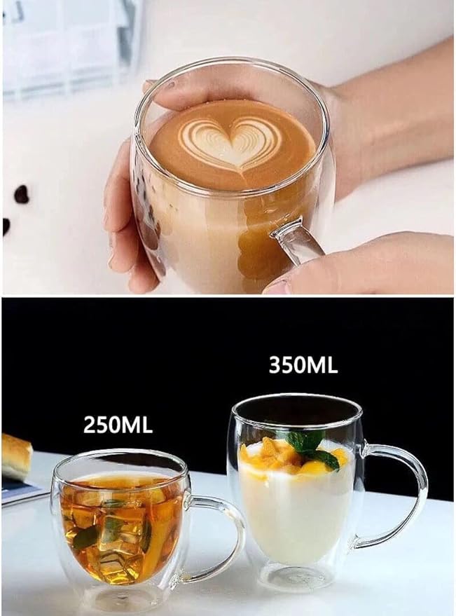Double Wall Glass Coffee Mugs with Handle, Clear Coffee Mugs Set of 1 (8.5 oz / 250 ml), Tea/Coffee/Latte/Cappucino/Cafe/Milk, or other Hot Beverage mugs. (250ml)