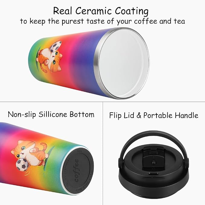 Funkrin Insulated Coffee Mug with Ceramic Coating, 16oz Iced Coffee Tumbler Cup with Flip Lid and Handle, Double Wall Vacuum Leak-Proof Travel Mug for Office School Party Camping - Image 2