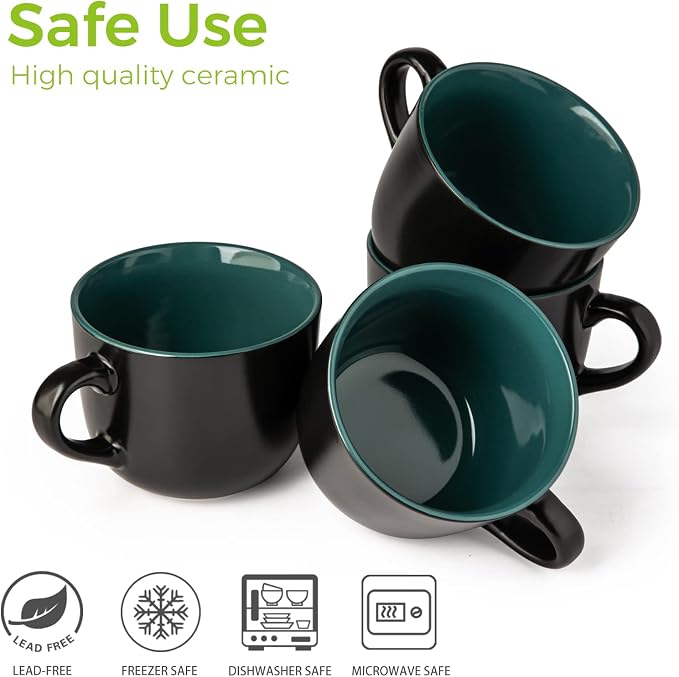 AmorArc 24 oz Soup Mugs with Handles, Jumbo Ceramic Bowls Mugs Set with handles for Coffee Cereal Cappuccino Snacks, Microwave&Dishwasher safe Soup Cups for Meal-Green - Image 6