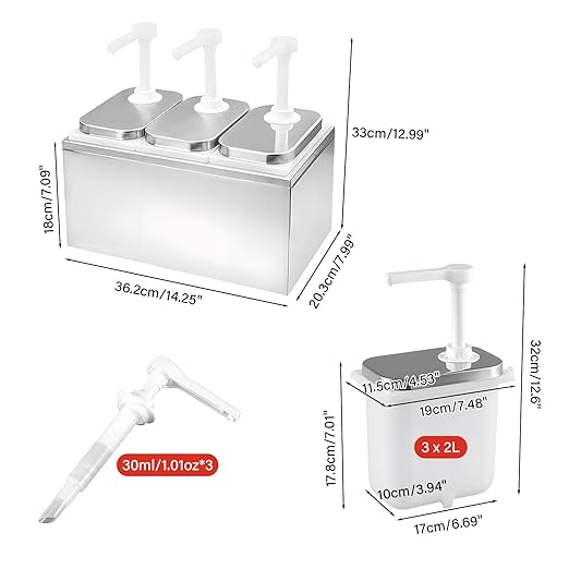 Sauce Dispenser Pump, 6L Stainless Steel Condiment Pump Dispenser, Condiment Pump Station with 3 Jars, Large Three Head Ketchup Dispenser
