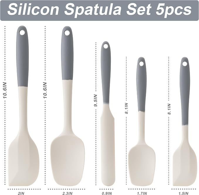 Silicone Spatula Set,5 Piece Food Grade Rubber Spatulas,Gray+White | Spatulas Silicone Heat Resistant for Baking,Cooking,and Mixing High Heat Resistant Non Stick Dishwasher Safe BPA-Free - Image 2