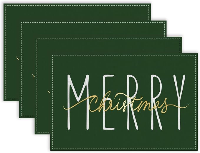ONWAY Merry Christmas Gold Placemats 12x18 Inch Set of 4 Xmas Winter Holiday Place Mats for Home Party Kitchen Dining Table Decorations Green by ONWAY