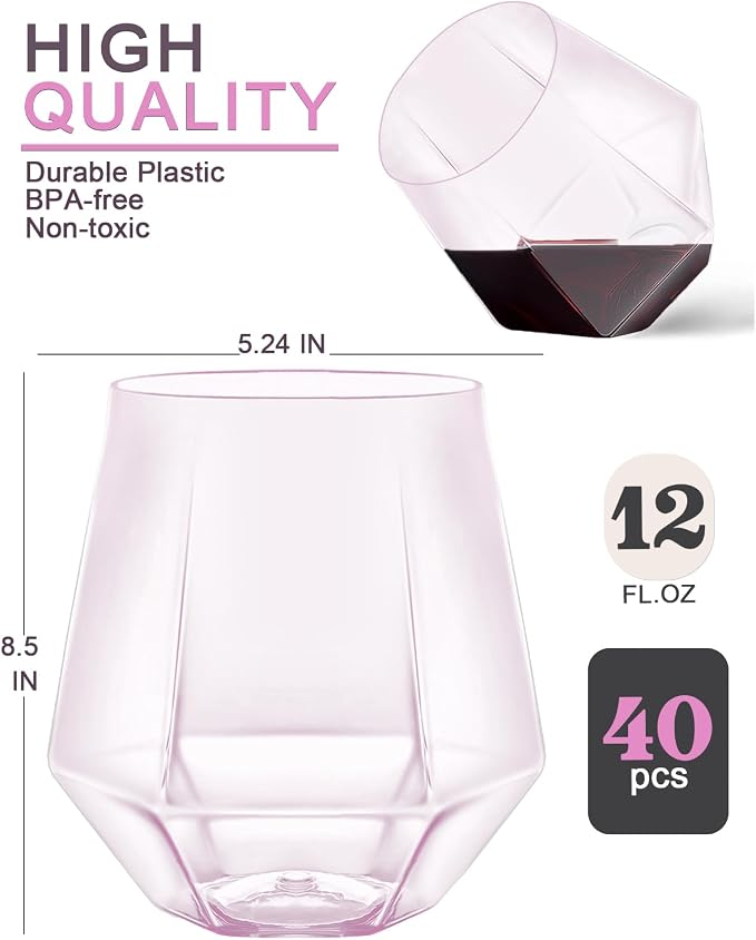 40 Pack Plastic Wine Glasses, 12 Oz Disposable Cocktail Whiskey Glasses | Diamond Stemless Champagne Margarita Glasses, Unbreakable Reusable Plastic Party Cups for Wedding Birthday (Pink) - Image 5