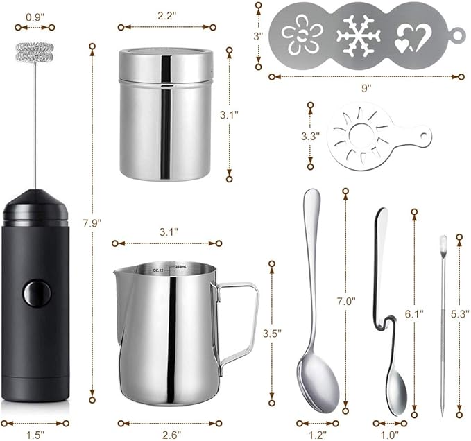 Milk Frother Handheld Coffee Art Set, Electric Coffee Frother with Milk Frother Pitcher, Powder Cocoa Shaker, Coffees Stencils, Coffees Spoons, Latte Art Pen
