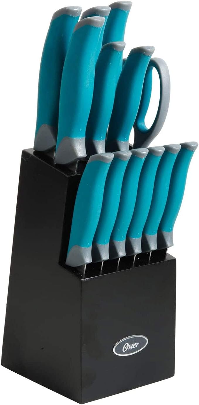 Oster 81007.14 Lindbergh 14 Piece Stainless Steel Cutlery Set Black Block With Sharpener, Teal Handle Kitchen Knives Set,Teal/Black by Unknown